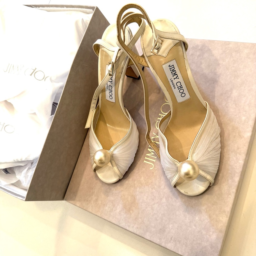 JIMMY CHOO Sacaria 85 Block Heels Sandals Cream White Bridal Pearl 37.5 7.5 - Picture 3 of 14